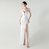 Fishbone Slim Waist Heart Neck Sequin Evening Dress Luxury Formal Party Gown