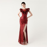 Sequined Ruffled Shoulder Sleeve Fishtail Slim Evening Dress for Formal Parties