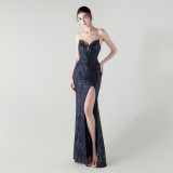 Fishbone Slim Waist Heart Neck Sequin Evening Dress Luxury Formal Party Gown