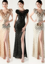 Sequined Ruffled Shoulder Sleeve Fishtail Slim Evening Dress for Formal Parties Sequined Ruffled Shoulder Sleeve Fishtail Slim Evening Dress for Formal Parties