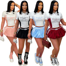 Women Lace Letter Print Button Casual Top and Skirt Two Piece Set Women Lace Letter Print Button Casual Top and Skirt Two Piece Set