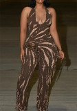 Women Elegant Sexy Tassel Print Halter Neck Lace-Up Jumpsuit