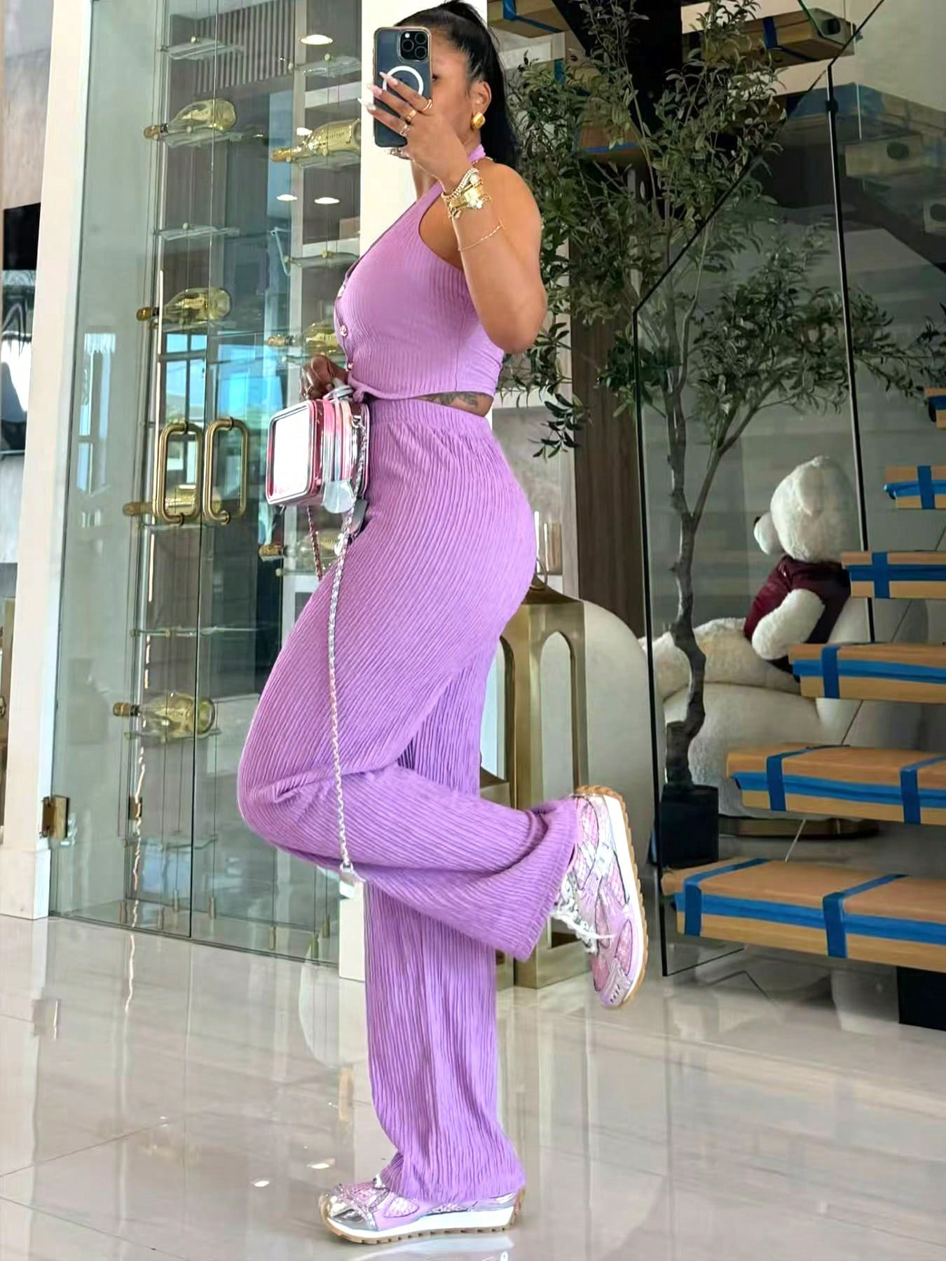 Women Halter Neck Crop Top and Wide Leg Pants Two-piece Set