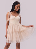 Women Evening Dress Lace-up Pleated Mesh Dress