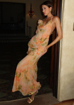 Women Spring Summer Sexy Print Halter Neck Lace-up Mesh V Neck Dress