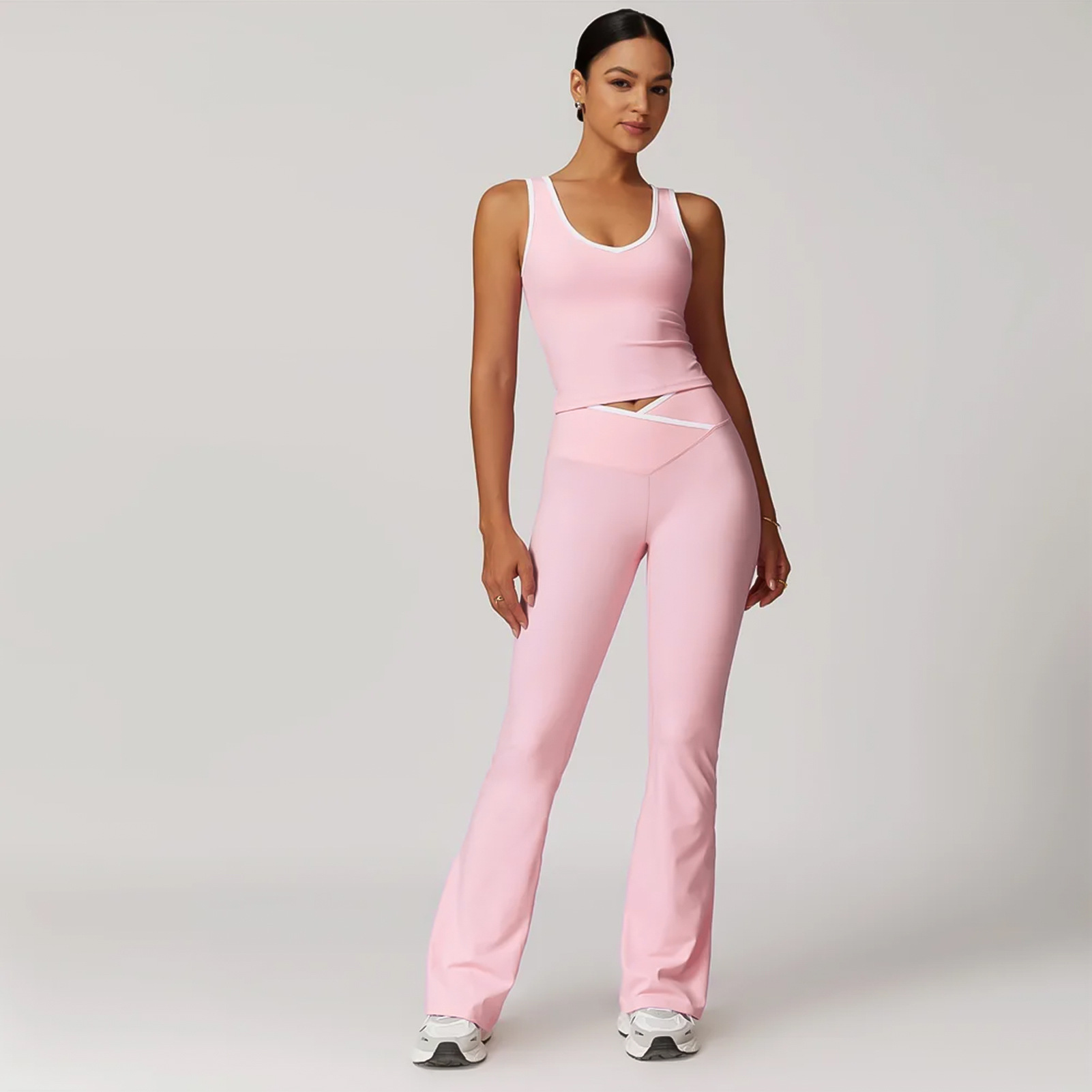 Women Yoga Contrast Color Cross Bell Bottom Pants Two-piece Set