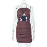 Women Fashion Hollow Pleated Halter Neck Solid Bodycon Dress