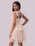 Women Evening Dress Lace-up Pleated Mesh Dress