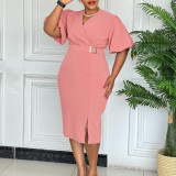 Women V Neck Puff Sleeve Solid Slit Bodycon African Dress