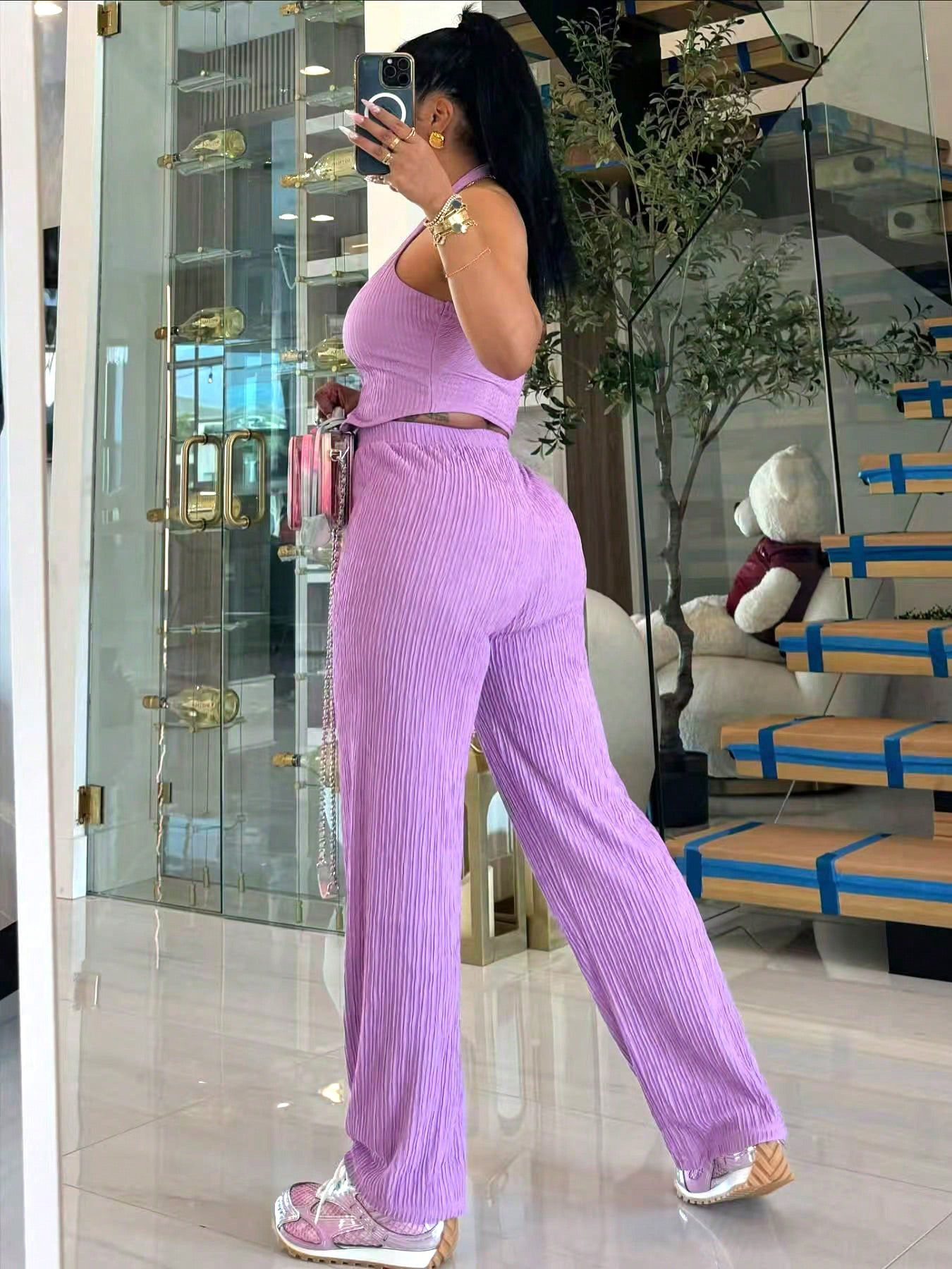 Women Halter Neck Crop Top and Wide Leg Pants Two-piece Set