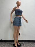 Women Sexy Stretchy Denim Strapless Casual Top and Shorts Two-piece Set
