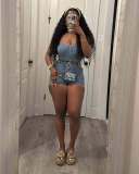 Women Sexy Stretchy Denim Strapless Casual Top and Shorts Two-piece Set