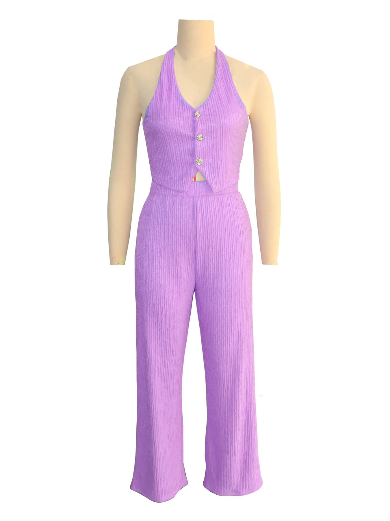 Women Halter Neck Crop Top and Wide Leg Pants Two-piece Set