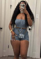 Women Sexy Stretchy Denim Strapless Casual Top and Shorts Two-piece Set