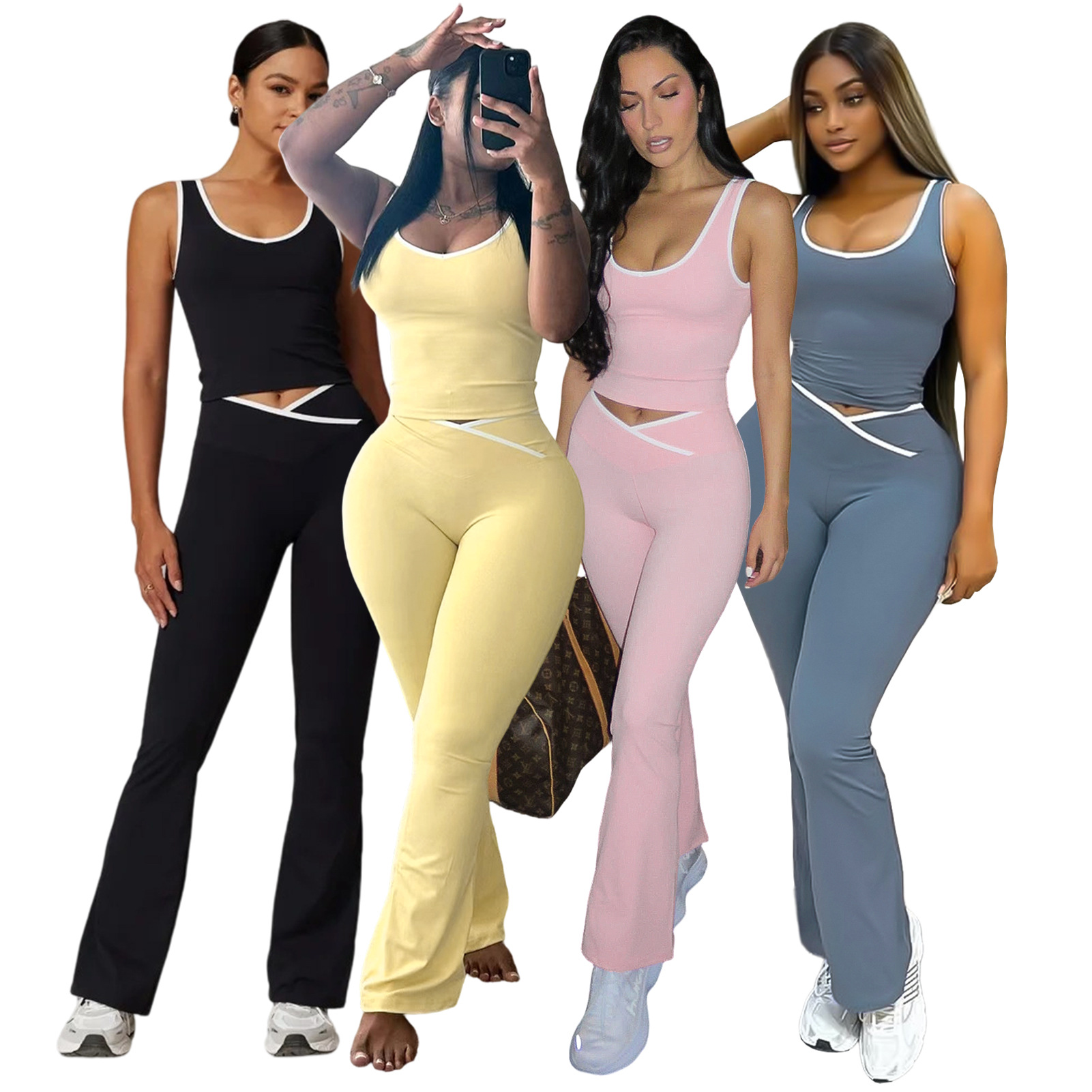 Women Yoga Contrast Color Cross Bell Bottom Pants Two-piece Set