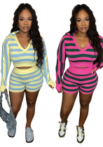 Women Casual Knitting Striped Long Sleeve Hooded Top and Shorts Two-Piece Set