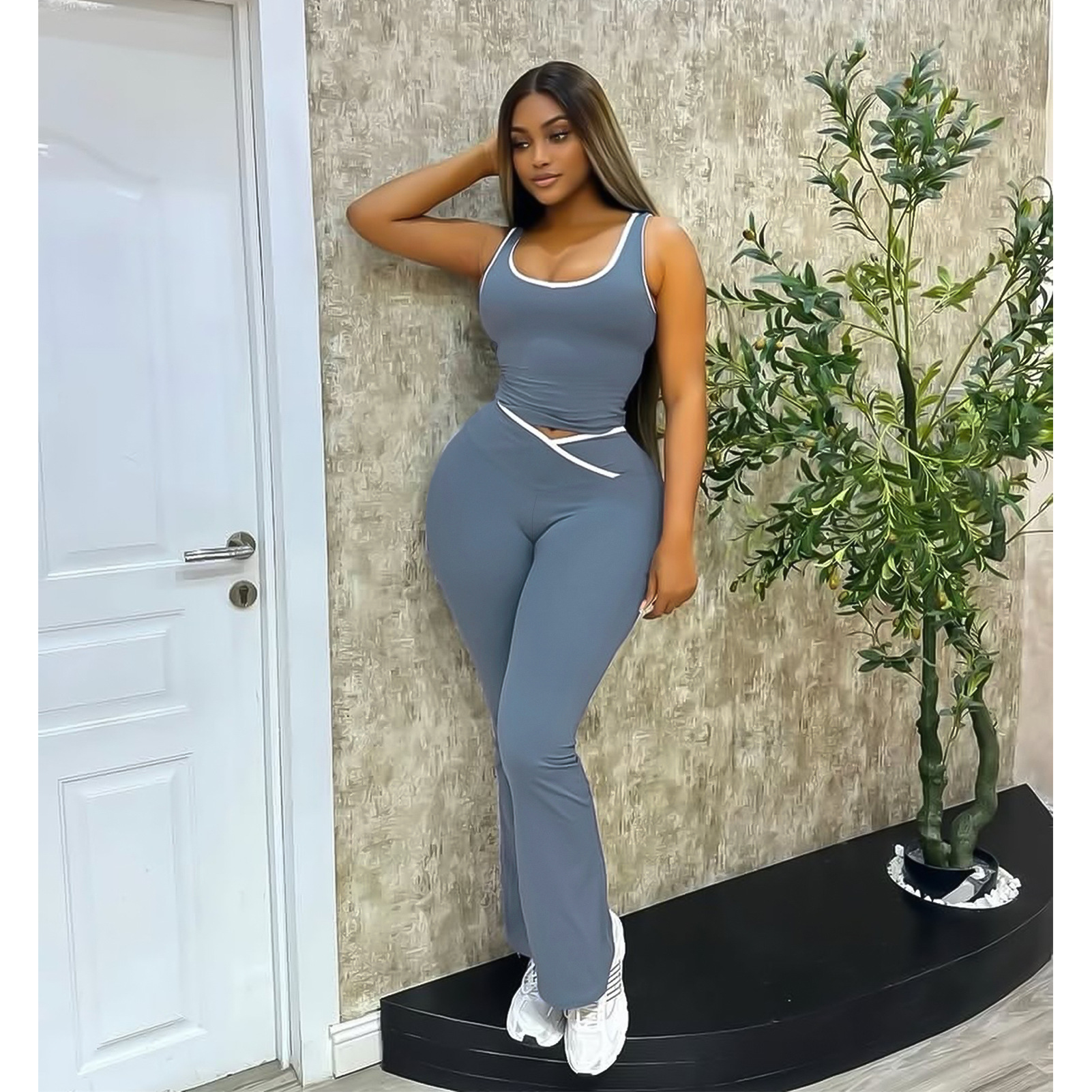 Women Yoga Contrast Color Cross Bell Bottom Pants Two-piece Set