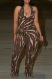 Women Elegant Sexy Tassel Print Halter Neck Lace-Up Jumpsuit