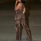 Women Elegant Sexy Tassel Print Halter Neck Lace-Up Jumpsuit