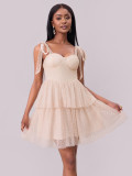 Women Evening Dress Lace-up Pleated Mesh Dress