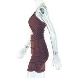 Women Fashion Hollow Pleated Halter Neck Solid Bodycon Dress