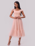 Women Flying Sleeve Pleated Layered Short Sleeve Dress
