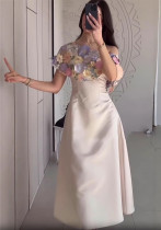 Women Casual Round Neck Embroidered Flower Puff Sleeve Dress Women Casual Round Neck Embroidered Flower Puff Sleeve Dress