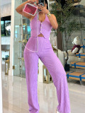 Women Halter Neck Crop Top and Wide Leg Pants Two-piece Set