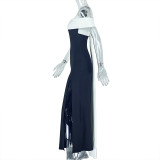 Women's Black-White Contrast Off-Shoulder Low-Back Slit Dress