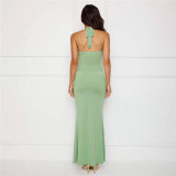 Women's Summer Sexy Solid Color Lace-up Halter Low-Back Metal Decoration Two Piece Skirt Set