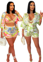 Women's Casual Printed Beach Bra Shirt & Shorts Three Piece Set Women's Casual Printed Beach Bra Shirt & Shorts Three Piece Set