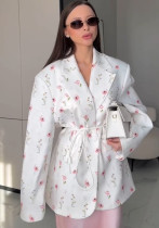 Women's Spring/Summer Printed Loose Turndown Collar Lace-Up Slim-Waist Jacket