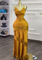 Women's Summer Chic V-Neck Halter Neck Lace-Patchwork Slim Long Dress