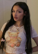 Women's Bear-Print See-Through Lace Short-Sleeve T-shirt Women's Bear-Print See-Through Lace Short-Sleeve T-shirt