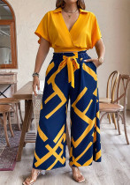 Plus-Size Women's V-Neck Short-Sleeve Top & Printed Pants Two Piece Set