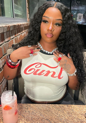 Women's Fashion Slim Elastic Sexy Print Round-Neck Contrast Color T-Shirt