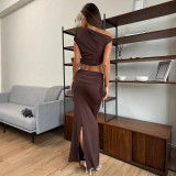 Women's Summer Chic Solid Color Slash-Shoulder Crop Top & Slit Skirt Two Piece Set