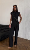 Women's Summer Chic Double-Breasted Slim-Waist Vest Top & High-Waist Pants Two Piece Set