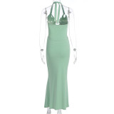 Women's Summer Sexy Solid Color Lace-up Halter Low-Back Metal Decoration Two Piece Skirt Set