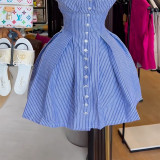 Women's Summer Chic Blue Striped Straps A-Line Dress