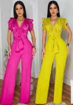 Women's Sexy V-Neck Sleeveless Solid Color Lace-Up Wide-Leg Jumpsuit