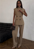 Women's Summer Chic Double-Breasted Slim-Waist Vest Top & High-Waist Pants Two Piece Set