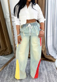 Women's Casual Drawstring High-Waist Contrast Patchwork Gradient Denim Pants