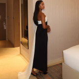Women's Black-White Contrast Off-Shoulder Low-Back Slit Dress