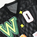 Sexy V-Neck Mesh See-Through Letter-Print Loose T-Shirt