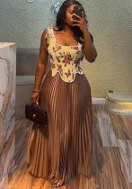 Women's Summer Sweet Print Slim-Waist Vest & High-Waist Pleated Skirt Two Piece Set