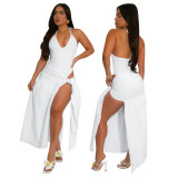 Women's Solid Color Lace-Up Sexy Slit Skirt Bodysuit Two Piece Set