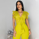 Women's Sexy V-Neck Sleeveless Solid Color Lace-Up Wide-Leg Jumpsuit
