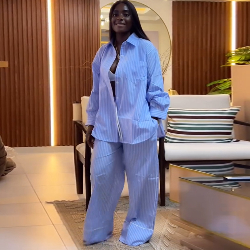 African Women's Summer Turndown Collar Loose Striped Shirt & Wide-Leg Pants Two Piece Set
