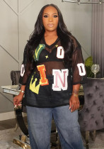 Sexy V-Neck Mesh See-Through Letter-Print Loose T-Shirt Sexy V-Neck Mesh See-Through Letter-Print Loose T-Shirt